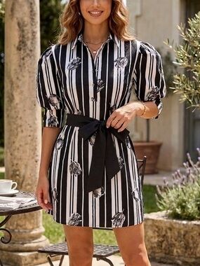 STOCKHOLM ATELIER Black/White Striped Button Front Belted Shirt Dress S